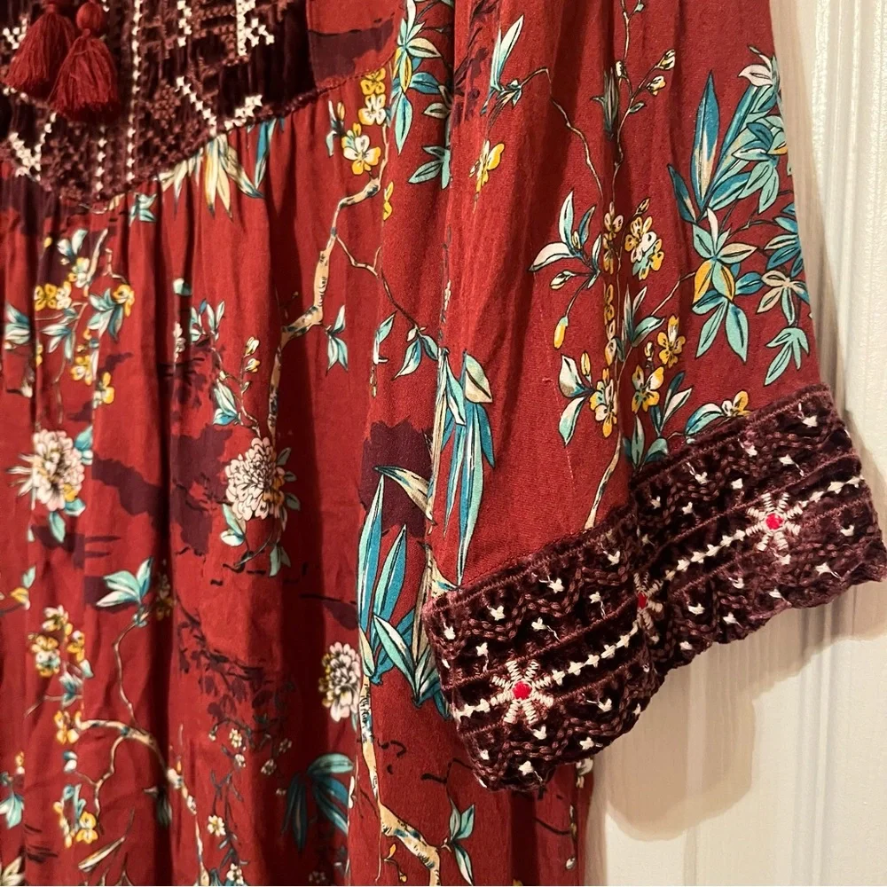 Johnny Was Workshop Dress XS Boho Loose Fit Effortless Tunic Bordeaux Velvet Red - Picture 8 of 9